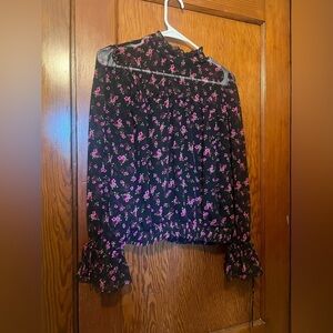 Express Women’s Floral Black and Pink Sheer Long Sleeve Blouse Small